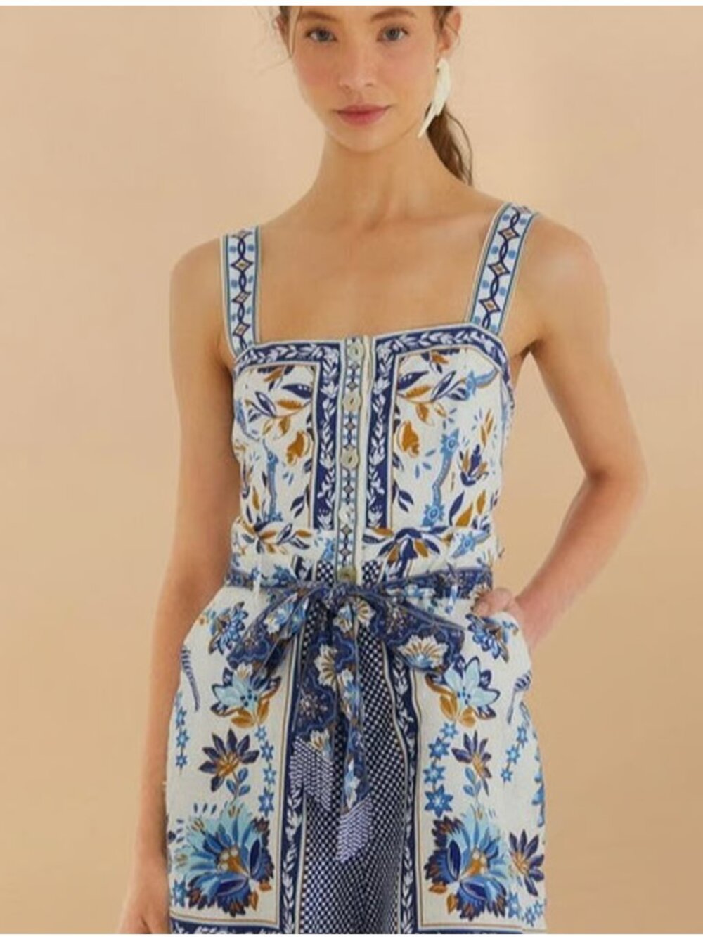 Farm Rio Off-White Ana tapestry Lenzing Ecovero Euroflax Romper NWT